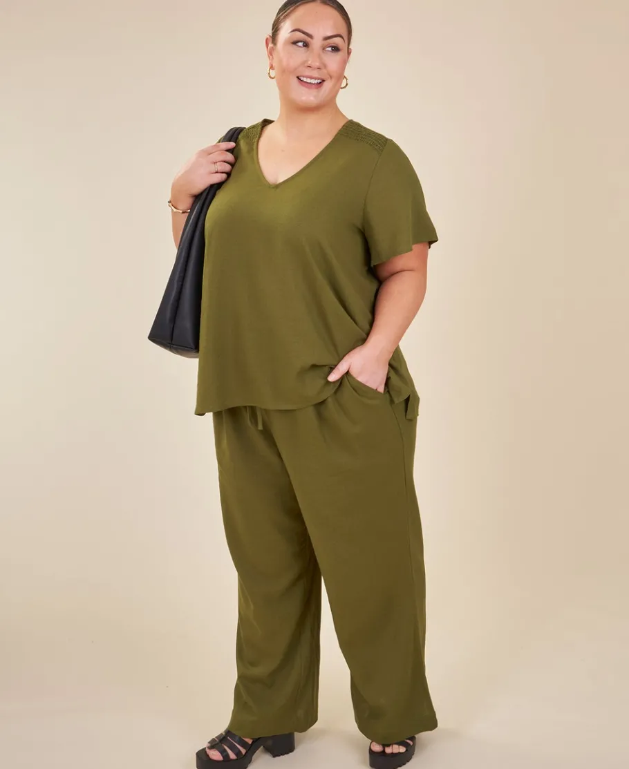 Clearance Isobelle Linen Blend Shirred Shoulder V-Neck Top Women Tops|Plus Size