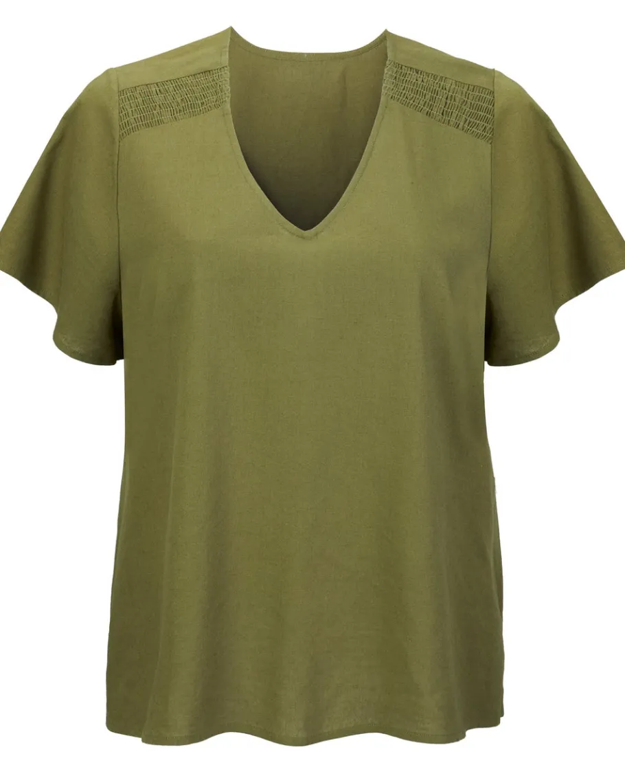 Clearance Isobelle Linen Blend Shirred Shoulder V-Neck Top Women Tops|Plus Size