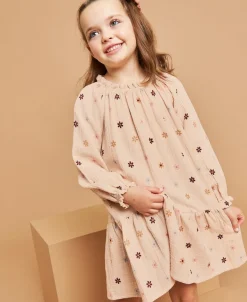 New Little Kids' Long Sleeve Gathered Double Cloth Print Dress Kids Dresses|Kids 1 - 7