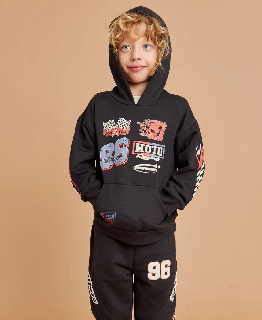 Fashion Little Kids' Moto Print Sporty Panelled Hoodie Kids Sweats + Fleece|Tops