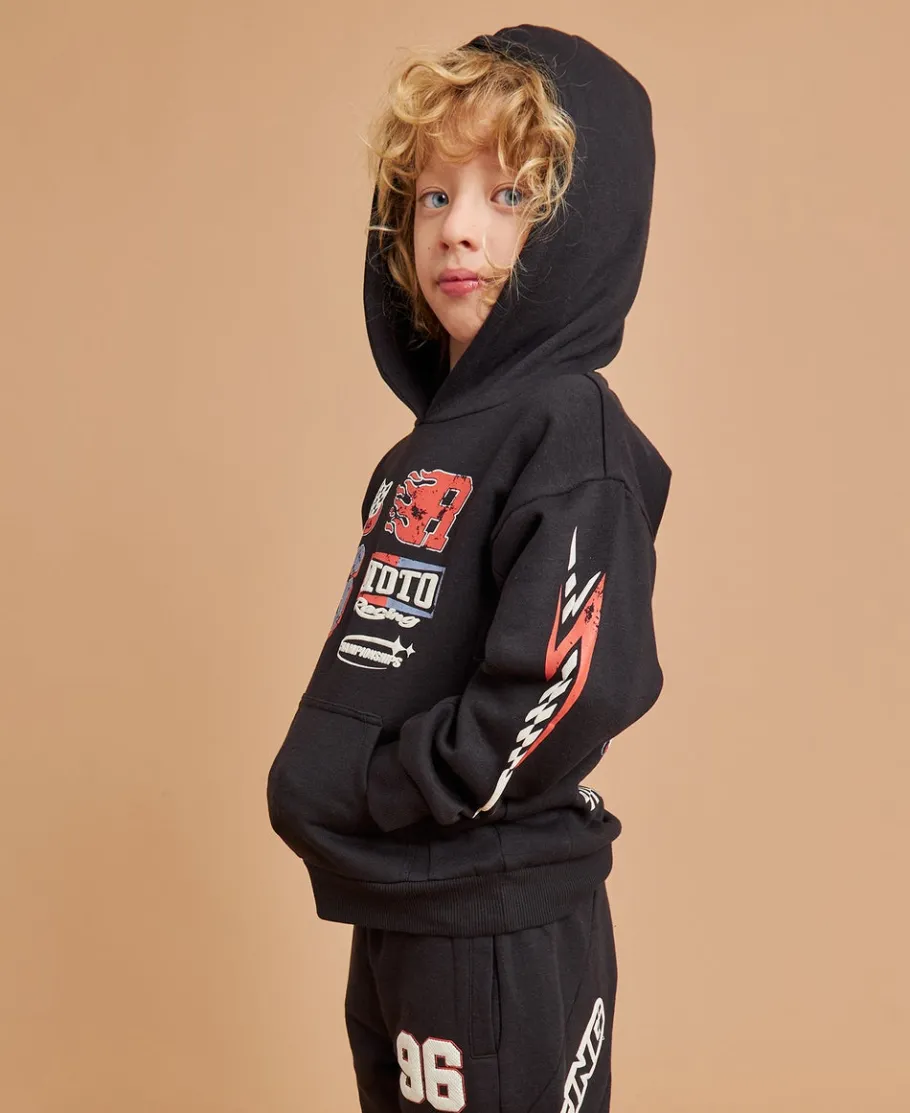 Fashion Little Kids' Moto Print Sporty Panelled Hoodie Kids Sweats + Fleece|Tops