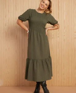 Discount Women's Asymmetric Shirred Midi Dress Women Dresses
