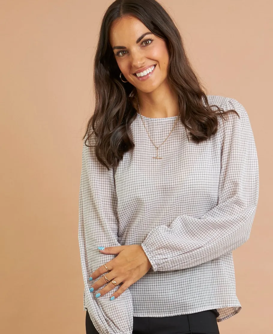 Sale Women's Check Blouson Sleeve Blouse Women Tops