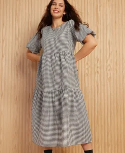 New Women's Gingham Tier Midi Dress Women Dresses