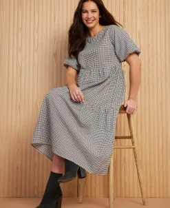 New Women's Gingham Tier Midi Dress Women Dresses