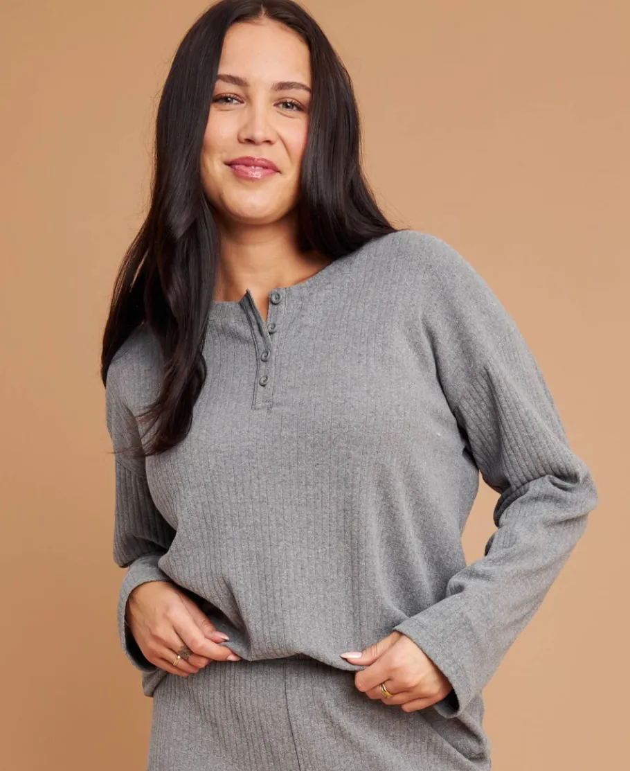 Online Women's Leisure Long Sleeve Rib Henley Top Women Tops|T-Shirts