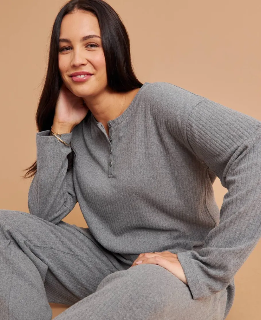 Online Women's Leisure Long Sleeve Rib Henley Top Women Tops|T-Shirts