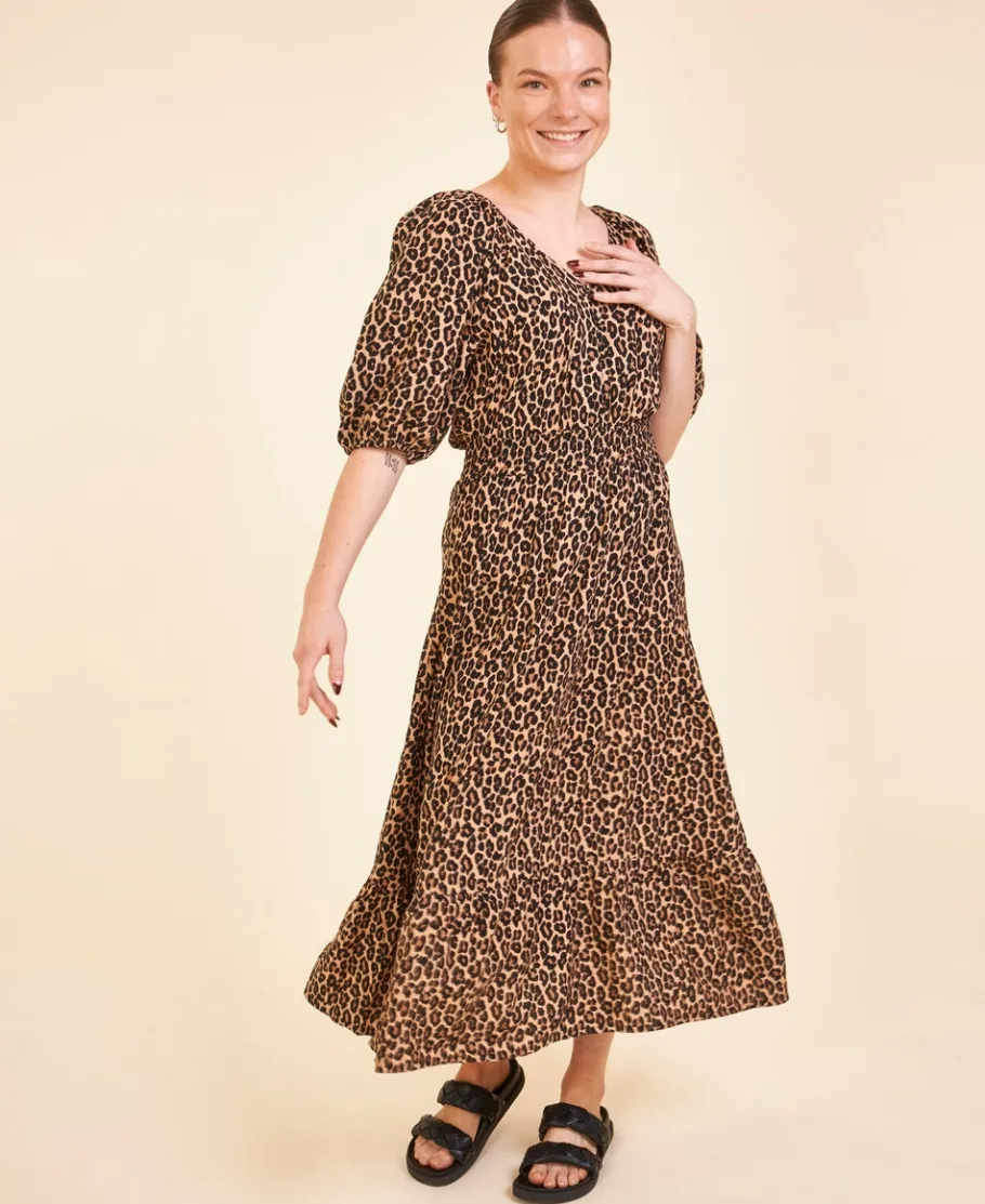 Fashion Women's Puff Sleeve Print Midi Dress Women Dresses