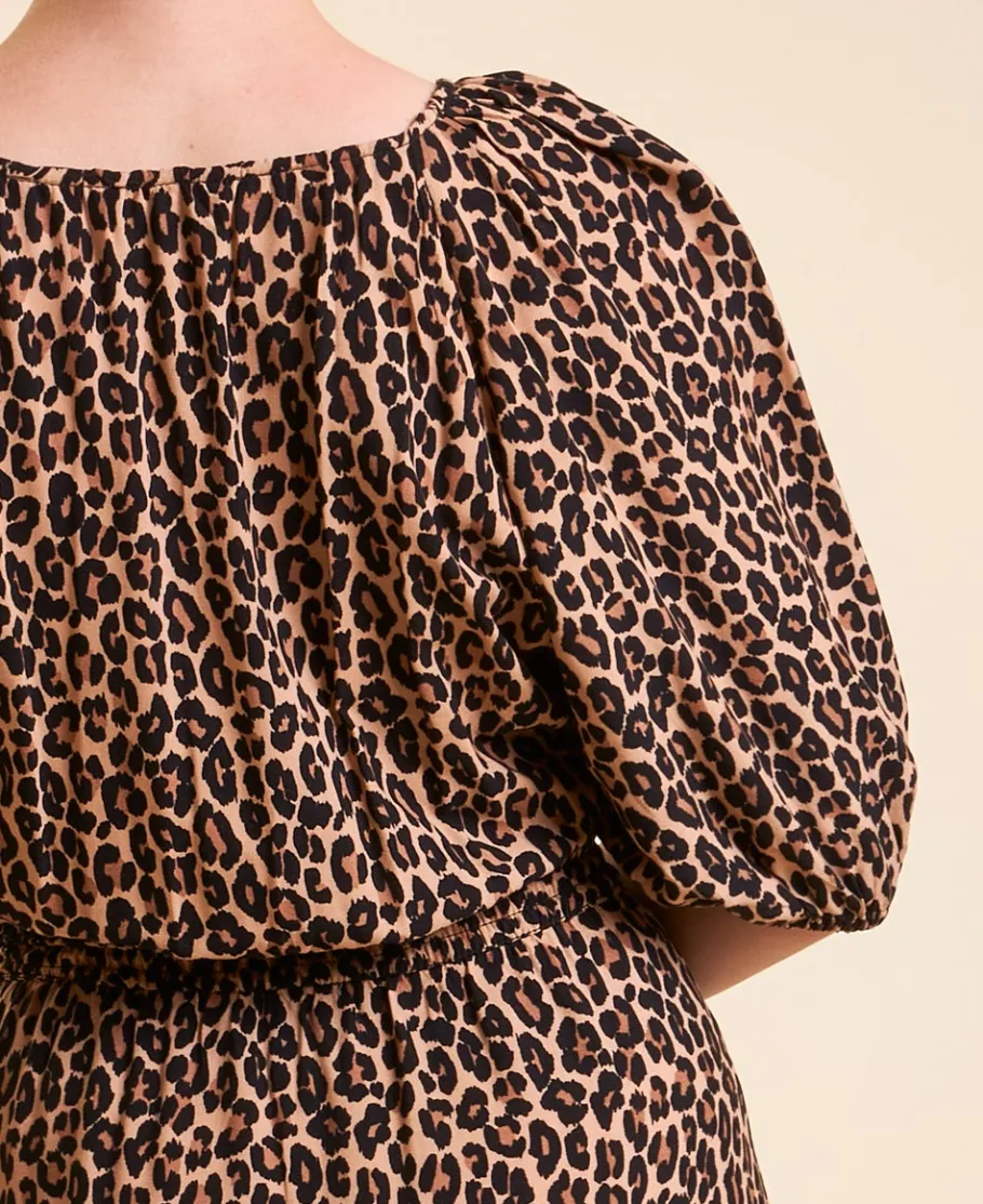 Fashion Women's Puff Sleeve Print Midi Dress Women Dresses