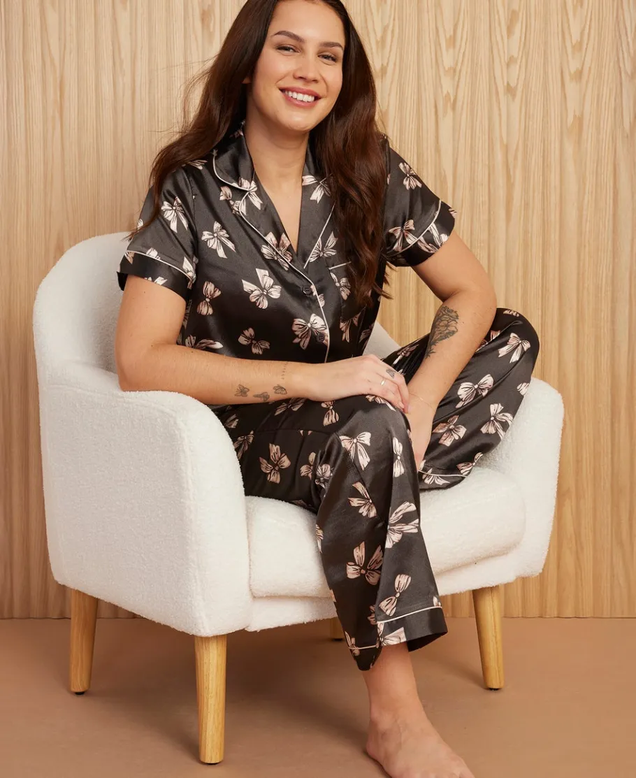 New Women's Satin Short Sleeve & Full Length Pant PJ Set Women Sleepwear