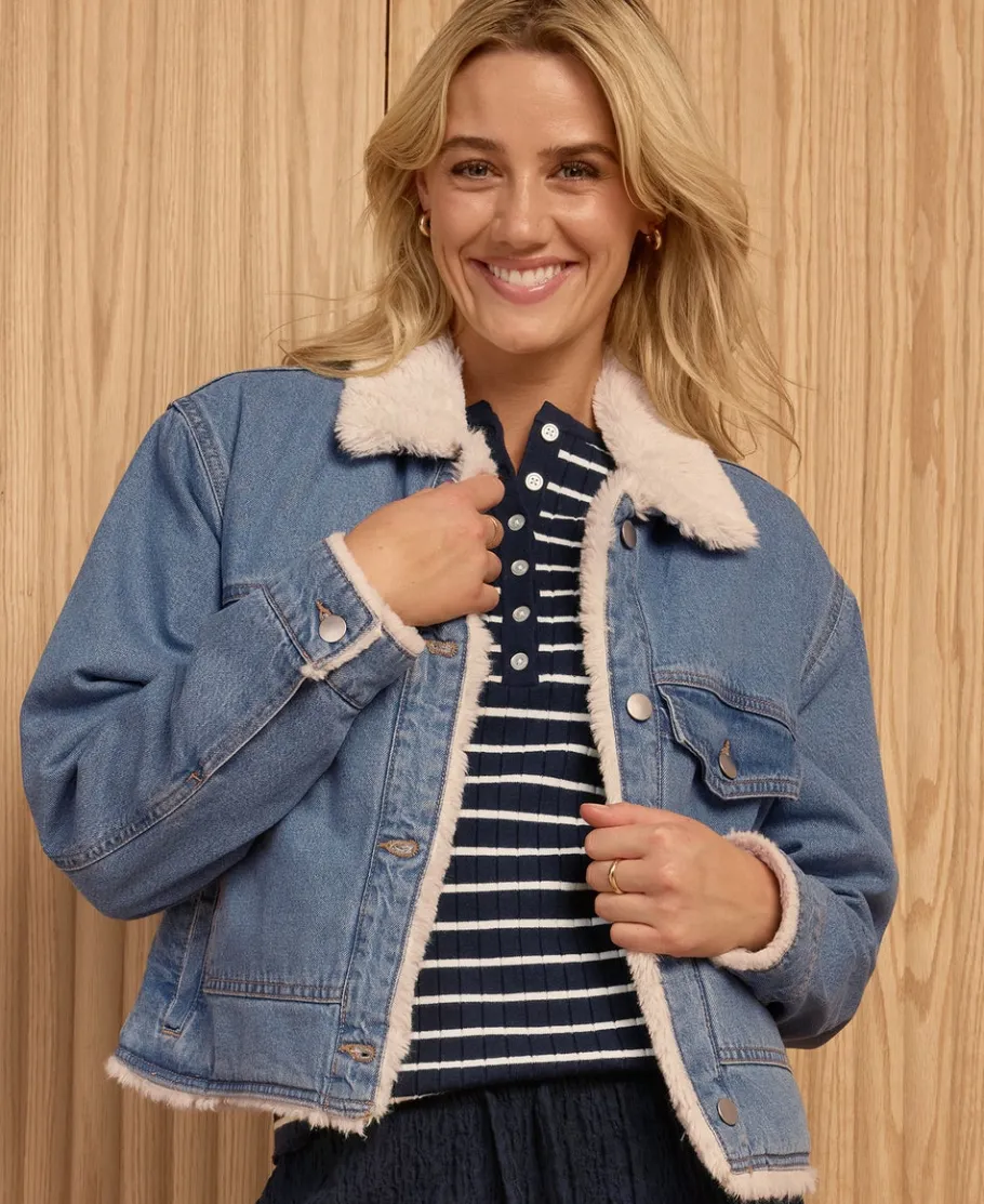 Best Women's Sherpa Lined Crop Denim Jacket Women Jackets & Coats|Activewear & Leisure